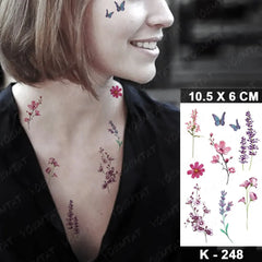 10pcs Color Lavender Small Fresh Waterproof Temporary Tattoo Sticker Line Butterfly Flower Tato Neck Women Men Kids Fake Tattoos