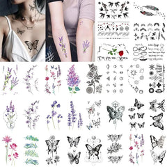 10pcs Color Lavender Small Fresh Waterproof Temporary Tattoo Sticker Line Butterfly Flower Tato Neck Women Men Kids Fake Tattoos