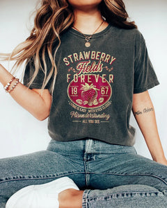 Beatle Strawberry Fields Rock Band Tee Old School Short Sleeve Band Shirt Loose Casual Apparel Y2K Top Daily Trendy Streetwear