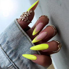 24Pcs Gradient Yellow Sequins False Nails with Almond Geometry Design Stiletto Press on Nails Long Wearable Fake Nail Tips